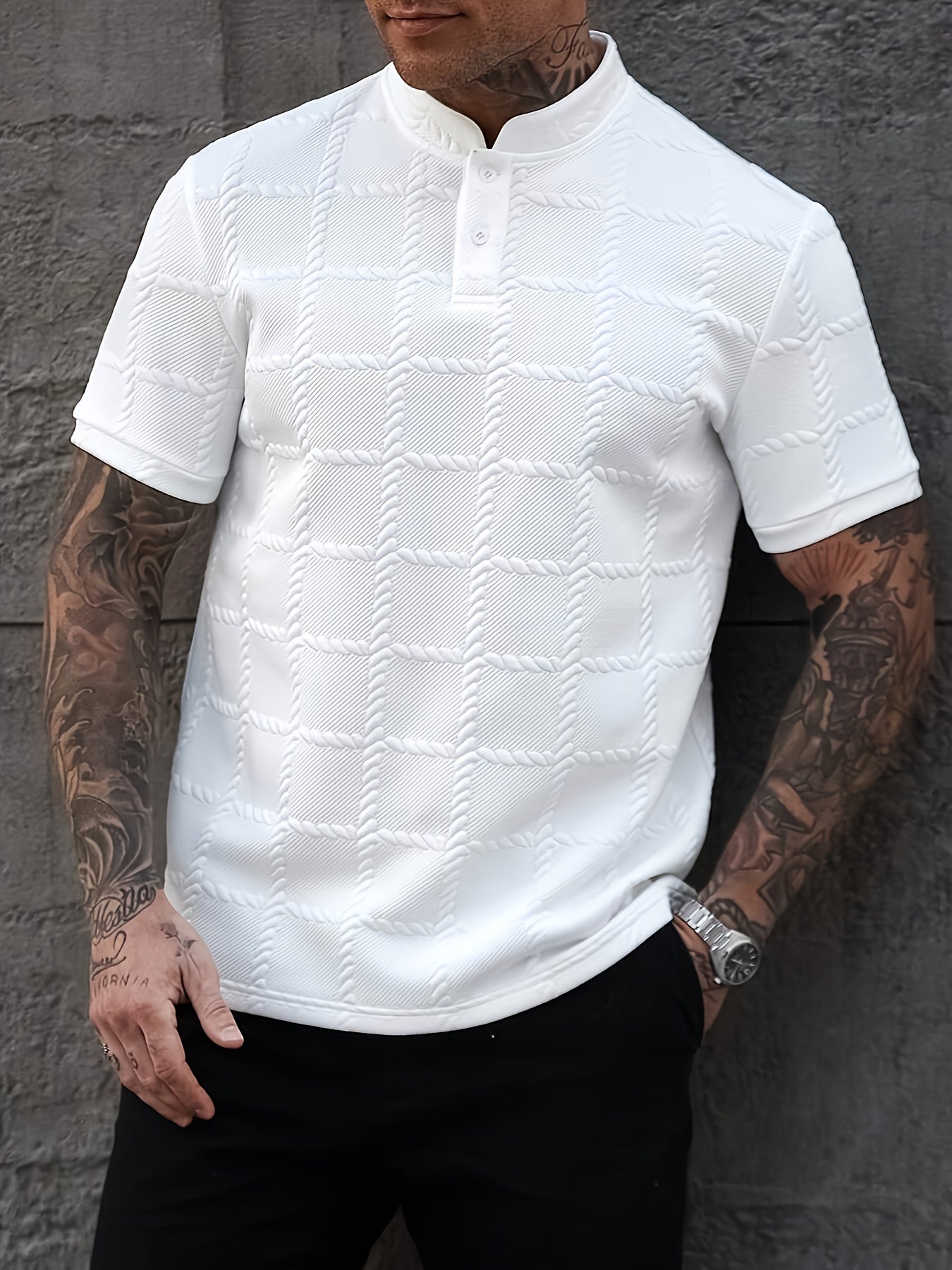 Checked Jacquard Button Tee